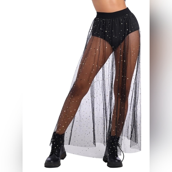 Mesh Sheer Tulle Maxi Sparkle Skirt - Size M, Black - Picture 5 of 8